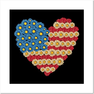 American Flag Floral Heart 4th of July Day Floral Patriotic Posters and Art